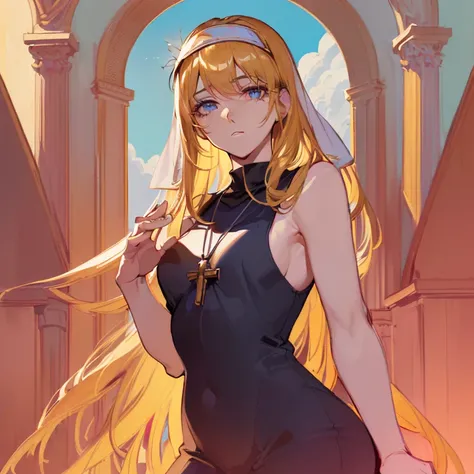 (masterpiece, highest quality, Super Detail, figure, One girl) Nuns, Long blonde hair, Visible forehead, Bangs tucked behind the ears, blue eyes, Praying Hands, Sun eclipsing the environment with comfortable lighting, Innocent and perfect face, Medium ches...