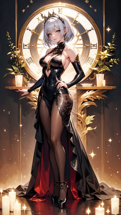 ((masterpiece, high resolution, best quality, best details, anime)), jewelry, beautiful sexy woman in a black sexy evening dress, ((sexy evening dress)), ((black pantyhose)), light green eyes, silver hair, short hair, smooth skin, cleavage, ((extremely slu...