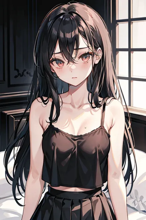 ((highest quality)), ((masterpiece)), (detailed), Perfect Face，Very long hair，Hair on one eye，Half Up，Skinny body，13-year-old girl，Black camisole，Pleated skirt，Embarrassed look，Nipples protruding，nsfw，Tuck up your clothes，Red face，tits