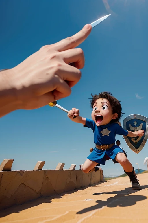 Create an animated image with cartoon-like drawings of children with a shield and a sword who look like they are winning the fight and who are yelling at big hands that are trying to touch them