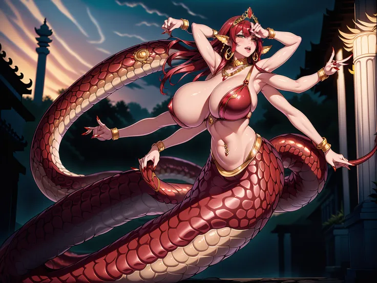 1girl, solo, (mature female), (milf) , (lamia), (monster girl) , detailed snake skin, (detailed scales skin), (Elongated snake tail:1.3), red tail, red scales, ((long black hair)), straight hair, side locks, yellow eyes, (puffy lips), (thick lips), ((red l...