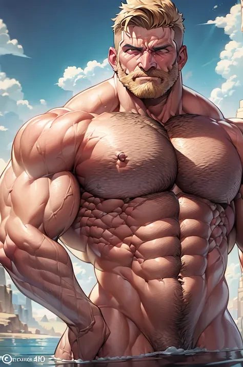 (best quality,4k,8k,highres,masterpiece:1.2),ultra-detailed,(realistic,photorealistic,photo-realistic:1.37), 40-year-old man, huge pecs, Chinstrap Beard without mustache, Wide Clavicles, Hulk Physique, muscular arms, nude, nsfw, anatomy, blonde hair, male,...