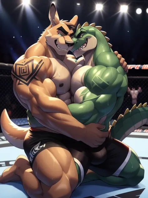 Duo male fighters(Green Gator vs Brown Kangaroo, handsomes, perfect eyes, Thick eyebrows), beso gay(Cuddling kneeling embraced from behind, squeezing the neck, in a UFC match), hot(Full body, shirtless), handsomes(They are handsomes, correct anatomy), musc...