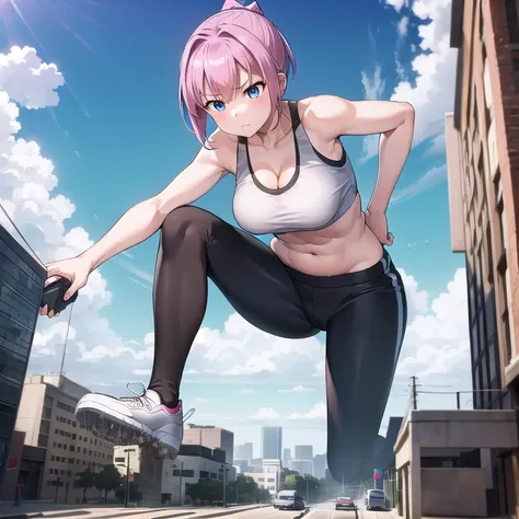 giantess, 1 rapariga, push ups, exercising, super huge high school girl bigger than a city, pleasure, trying to crush a miniatur...