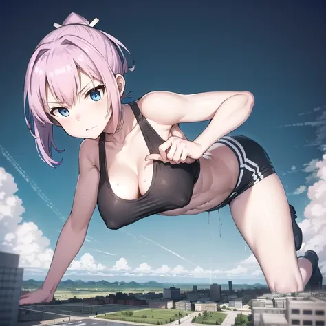 giantess, 1 rapariga, push ups, put your hands on the ground,On all fours,Exercising,character standing on a mountain top next to a city, Super huge high school girl bigger than a city, Pleasure, Trying to crush a miniature metropolis, blue eyes, ((destroy...