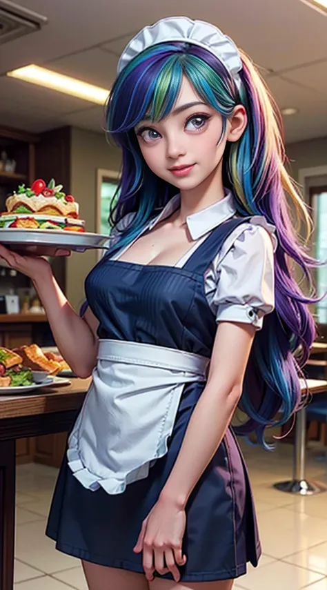 ((best quality)), ((highly detailed)), masterpiece, (detailed eyes, deep eyes), (1girl), dynamic angle, cowboy shot, mlprainbowdash, woman, gleeful smile, looking at viewer, ((medium length multicolored rainbow striped colored hair)), ((purple eyes)), (((w...