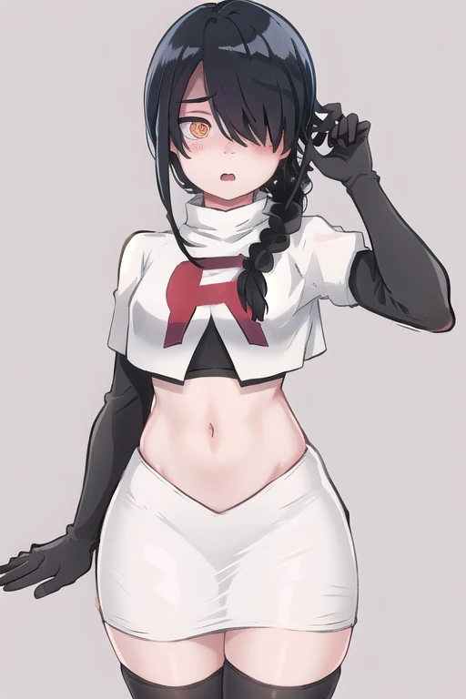 nayuta, ringed eyes, red eyes, single braid, (hair over one eye), black hair, looking at viewer, :o, blush, simple background, t...