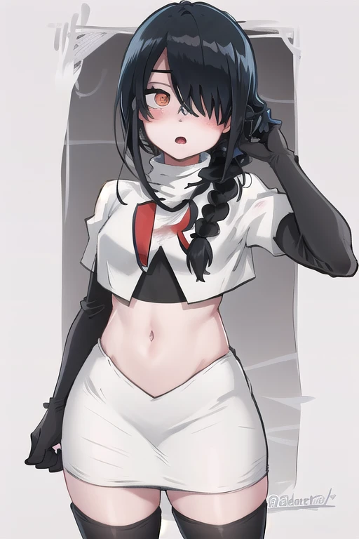 nayuta, ringed eyes, red eyes, single braid, (hair over one eye), black hair, looking at viewer, :o, blush, simple background, t...