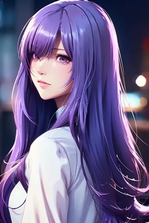 Close-up of a woman with long purple hair and a white top, Anime drawing by Jan J., CG society hot topic, Fantasy art, Beautiful Anime Girls, Beautiful Anime Women, Long Hair Anime Girl, Attractive anime girl, Beautiful and attractive anime woman, beautifu...