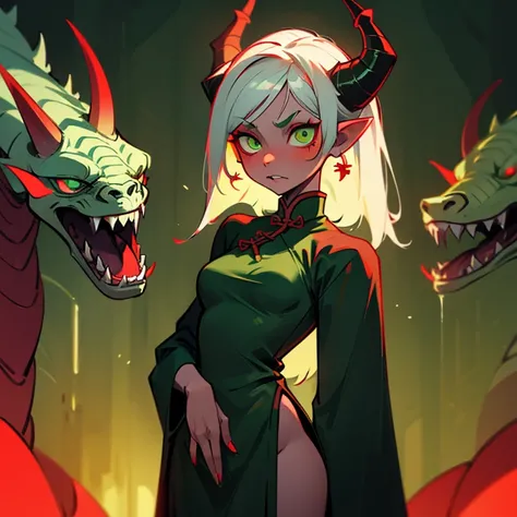 NSFW, 1girl, dragon girl, sharp eyes, glowing eyes, green eyes, red eyeliner, home hairstyle, white hair, dark green skin, horned, Chinese dress, creepy,