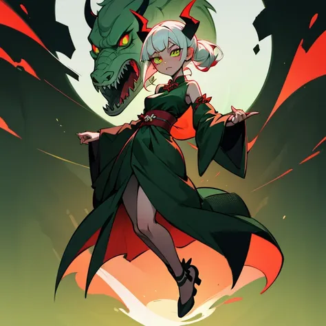 NSFW, 1girl, dragon girl, sharp eyes, glowing eyes, green eyes, red eyeliner, hime hairstyle, white hair, dark green skin, black horned, black Chinese dress, creepy, full body,