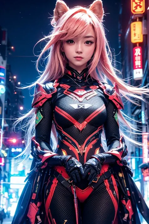 beautiful detail, best quality, 8k, highly detailed face and skin texture, high resolution, cute japanese girl in glowing neon armor on street in city at night, sharp focus