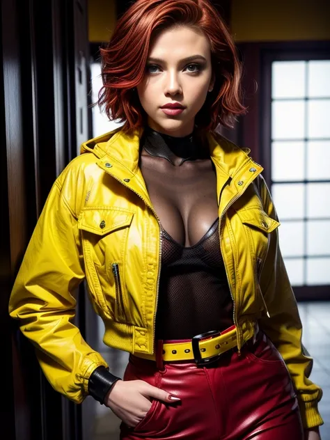 Scarlett Johansson, smiling, ((Very intense makeup)), ((bright lipstick)), short hair, red hair, yellow jacket, yellow belt, yellow pants, April