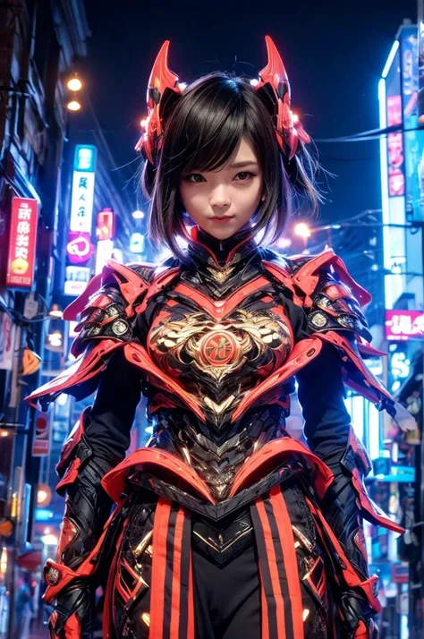 beautiful detail, best quality, 8k, highly detailed face and skin texture, high resolution, cute japanese girl in glowing neon armor on street in city at night, sharp focus