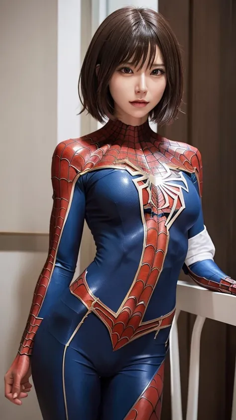 Detailed defined body of a beautiful woman with spiderman cosplay, Small breasts