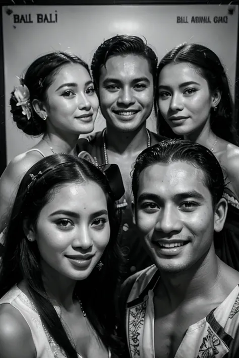 balinese singer quartet, man and woman, multi gender, sexy, bali traditional clothes, oldies, vintage, 1940s photo with friends, close up, smile, music poster, studio photo, black and white