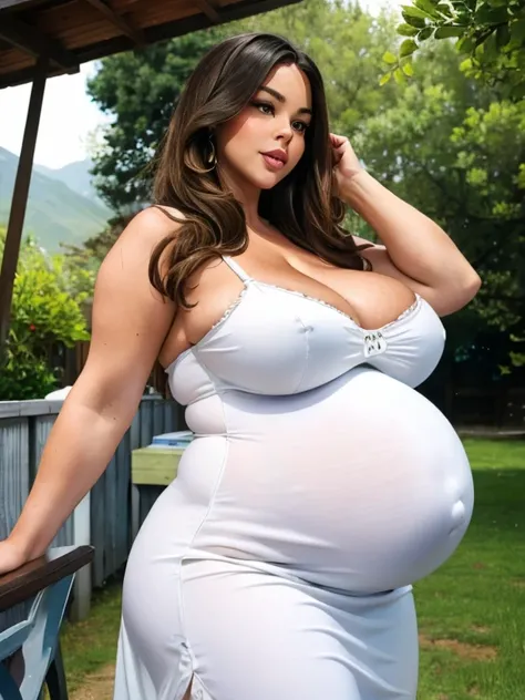 Sofia Vergara, white satin night dress, chubby body,bbw, morbidly obese, fat, Big pregnant round belly, outdoor, sunny 