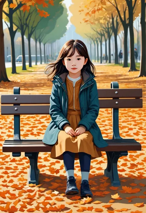 （（（vector illustration））），flat coating，（（celluloid style）），（children illustration），front view，fallen leaves，girl on a park bench...