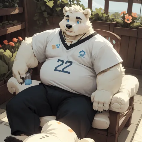 New Jersey 5 Furry,polar bear，Full body portrait of an individual,Exquisite， Chubby，Fat，Thick arms，Rugged muscles，White plush fur，Chubby脸，Black eyebrows，sky blue eyes，Black beard，Oyama，Straw house，White T-shirt，casual pants，Lying on a chair，vegetable garde...