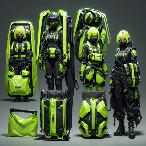 Futuristic bag pack, lime green, toxic, hazardous, viper, poison. Small, medium, and large bag packs