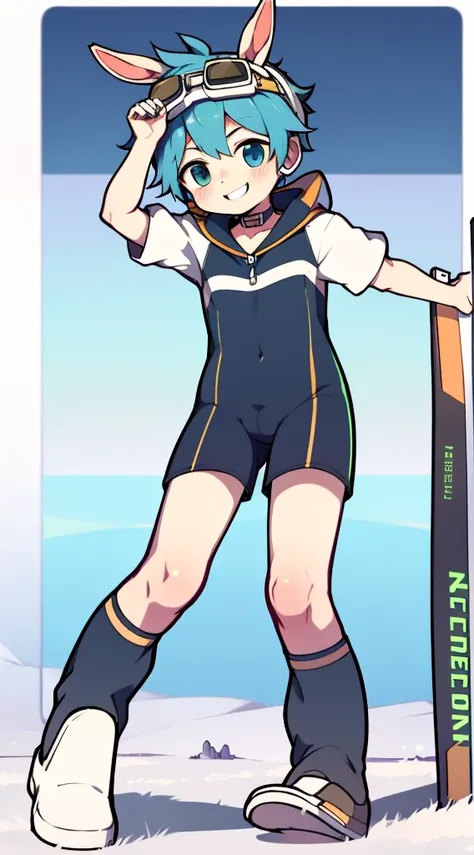 2D Boy Shota，One-piece ski suit，Slim, healthy body，Put the headphones on your head，stand up，goggles，Rabbit ears，happy，Sailor collar，Lovely，Love