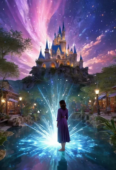 Magical World，(1 Girl trapped in a cosmic vortex nebula:1.5)，Rendered with the Cosmic Beach Swirl engine，(Detailed facial features)，(Beautiful facial features)，Ancient and mysterious castle，Purple Stone，gemstone decoration，glowing plant，Silver Creek，colore...