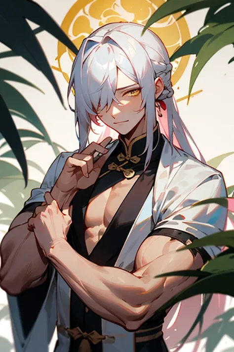 jing yuan(hsr), hair over one eye, 1boy, long hair, white hair, closed mouth, solo, upper body, looking at viewer, smile, male focus, yellow eyes , muscular male, stroking the cat, verenda, chinese structures, chinese verenda, vegetation, bloom,naked,Big c...