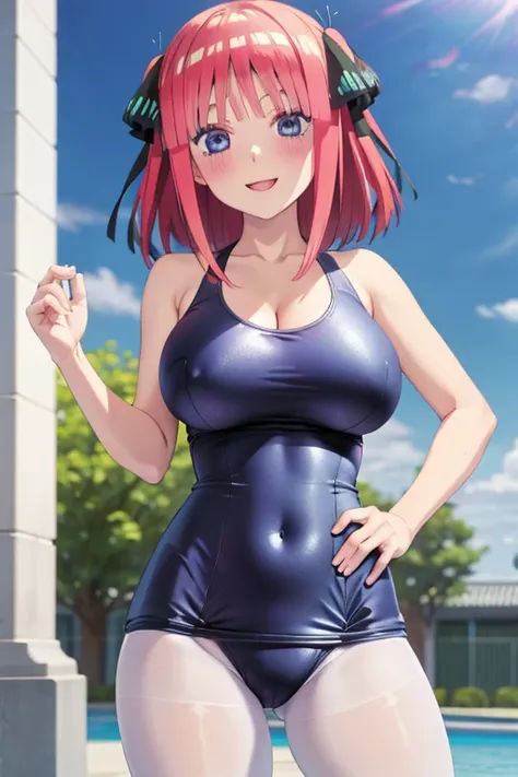 best quality, ultra-detailed masterpiece, anime art style, cute characters, nino nakano, one-piece swimsuit, large breasts, pantyhose, blush, smile