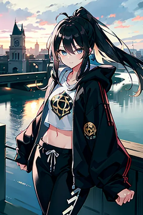 very good image, a cute beautiful girl, tomboy girl, long black hair, ponytail, hair between eyes, white crop top hoodie, black training pants, city(hd view), 8k, high res, best quality, pretty