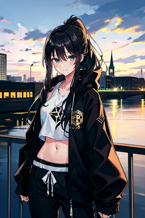 very good image, a cute beautiful girl, tomboy girl, long black hair, ponytail, hair between eyes, white crop top hoodie, black training pants, city(hd view), 8k, high res, best quality, pretty