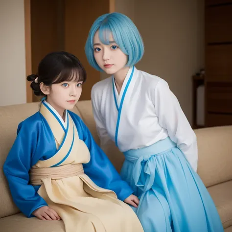 A short girl with white skin, light blue hair and short shoulder length hair, has yellowish brown eyes, wears a bright blue South Korean hanbok,The girl was sitting on the sofa looking at him with a cold look in her eyes (((one person)))