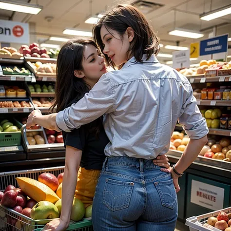 (melhor qualidade, realistic), a couple enjoying a romantic moment in a crowded supermarket, the wife is wearing jeans and a tra...