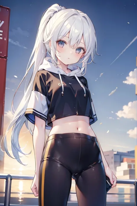 very good image, a cute beautiful girl, tomboy girl, long black hair, ponytail, hair between eyes, white crop top hoodie, black training pants, city(hd view), 8k, high res, best quality, pretty