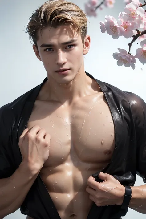 (Reality: 1.2, top quality, 8k, wet: 1.3), (man, Put your hands on your chest), 20 year old Ukrainian blonde bodybuilder, actor, Cherry blossom pattern yukata, Black lingerie, (Sweat: 1.2, wet: 1.2), delicate skin, (Movie Lighting, chest hair, Arm hair), S...