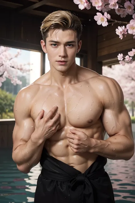 (Reality: 1.2, top quality, 8k, wet: 1.3), (man, Put your hands on your chest), 20 year old Ukrainian blonde bodybuilder, actor, Cherry blossom pattern yukata, Black lingerie, (Sweat: 1.2, wet: 1.2), delicate skin, (Movie Lighting, chest hair, Arm hair), S...