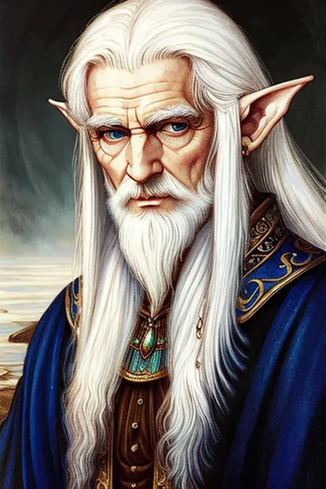 ((best quality)),masterpiece ,detailed, perfect face, painting style, elf, medieval fantasy, White hair, Wizard, Extremely pale skin, Mystic, Philosopher