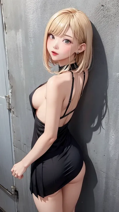 highest quality、4K quality、lean against the wall、Beautiful cleavage、Beautiful Style、tall、Small breasts、Bare buttocks、Small Ass、Shy face、20 year old blonde princess、Bare shoulders、My skirt is blown up by the wind、ultra detail eye,Shooting from behind、Off-th...