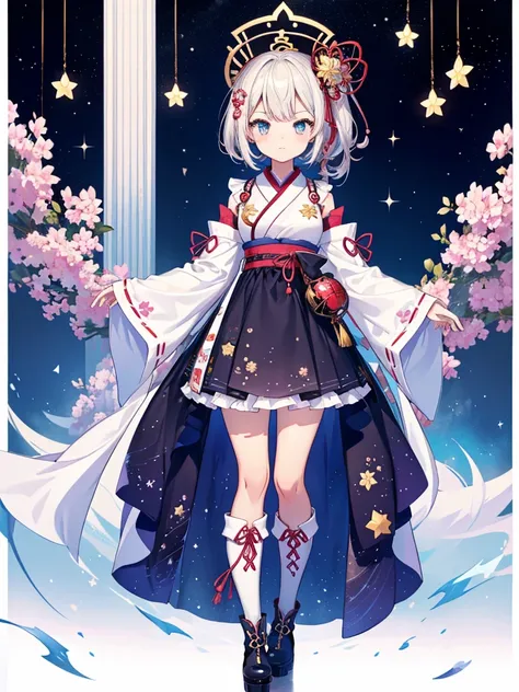 1girl、vtuber-fullbody、Star Fairy、Masterpiece、Official Art、Super detailed、super beautiful、かわいいStar Fairy、white straight short hair、Milky Way、universe、star charm、Star、Baby Face、Knee-high boots、Japanese pattern dress、A beautiful girl wearing black and white c...