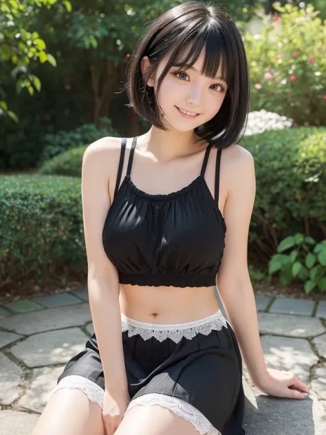 ((masterpiece)), ((best quality)), (ultra-detailed), ((kawaii)), cute, (lovely), realistic, real, full body, In town, daytime, a cute girl, 1girl, solo, Tank top,mini skirt, beautiful black hair, beautiful black eyes, ((beautiful eyes)), short hair, ribon,...