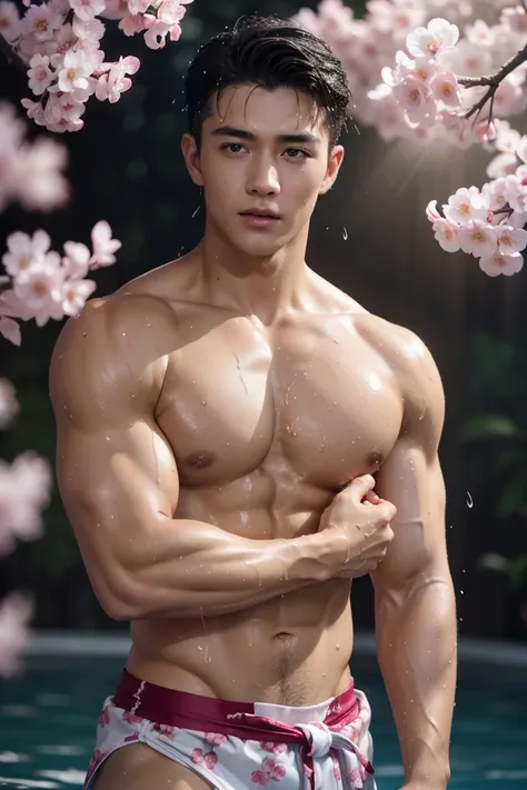 (Reality: 1.2, top quality, 8k, wet: 1.3), (man, Put your hands on your chest), 20 year old Ukrainian blonde bodybuilder, actor, Cherry blossom pattern yukata, Black lingerie, (Sweat: 1.2, wet: 1.2), delicate skin, (Movie Lighting, chest hair, Arm hair), S...