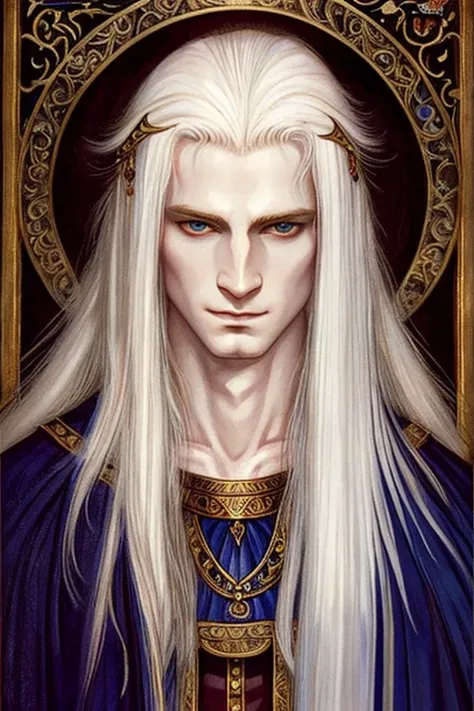 ((best quality)),masterpiece ,detailed, perfect face, painting style, elf, medieval fantasy, white hair, wizard, extremely pale ...