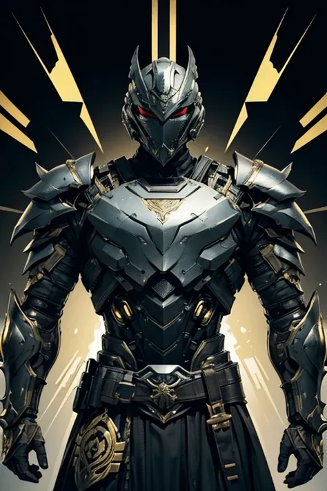 Top Quality Male Machine Warrior，Super macho body、Armor-like appearance、intricate mask，Complex technical exoskeletons，Fully wrapped helmet，Heavy weapons on the back，A sense of the technology of the future，His armor is black with gold trim，Futuristic and te...