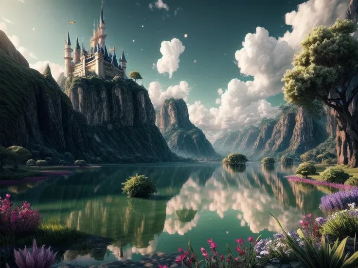 epic cg matte painting, wide view, pale green clouds, disney's castle, garden full of flowers on the clouds, a few drops of wate...