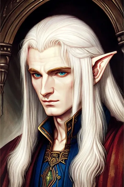 ((best quality)),masterpiece ,detailed, perfect face, painting style, elf, medieval fantasy, white hair, wizard, extremely pale ...