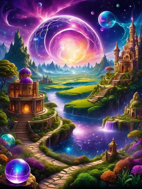 magical world，ancient and mysterious castle，(purple bonfire:1.5)，gemstone decoration，glowing plant，silver creek，colored clouds，s...