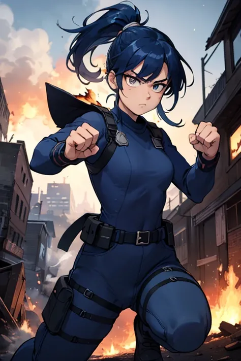 masterpiece, highest quality, Bubble, Blue clothes, Navy blue hair ponytail, Pretty face, Extremely detailed, Intense expression, Fighting Pose, Destroyed city, A distant fire, Rising Smoke, 