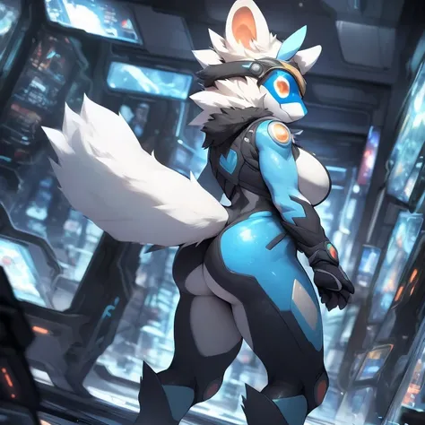 8k, 4k, Detailed, High quality, furry, female, mature female, by canyne khai, by t.y.stars, (by null-ghost:0.8), (by Pino Daeni:0.8), arctic protogen, long visor, blue visor, fluffy tail, sexy body, huge butt, huge thighs, huge breasts, futuristic sexy ass...