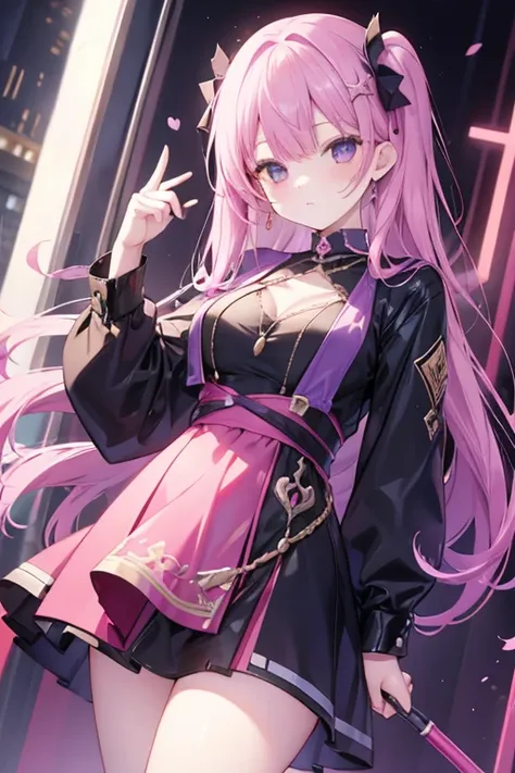 Dark pink hair and clothes，Black and purple clothes，and gold jewelry，She is a very proud queen sister