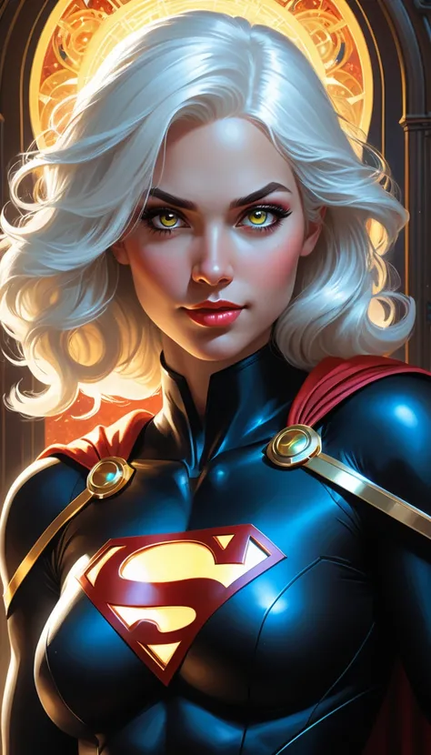 young white woman slim pale, white hair, black superman uniform, golden details, white cover, superhero art, full body, cover, choker, hyper-detailed painting, luminism, bar lighting, complex, supergirl,  Comic cover style,(masterpiece, best quality:1.4), ...