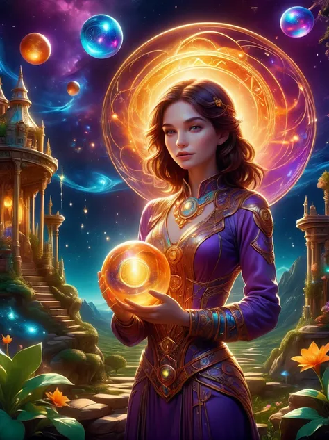 Magical World, (1 Girl trapped in a cosmic vortex nebula:1.5), Rendered with the Cosmic Beach Swirl engine, (Detailed facial features), (Beautiful facial features), Ancient and mysterious castle, Purple Stone, gemstone decoration, glowing plant, Silver Cre...